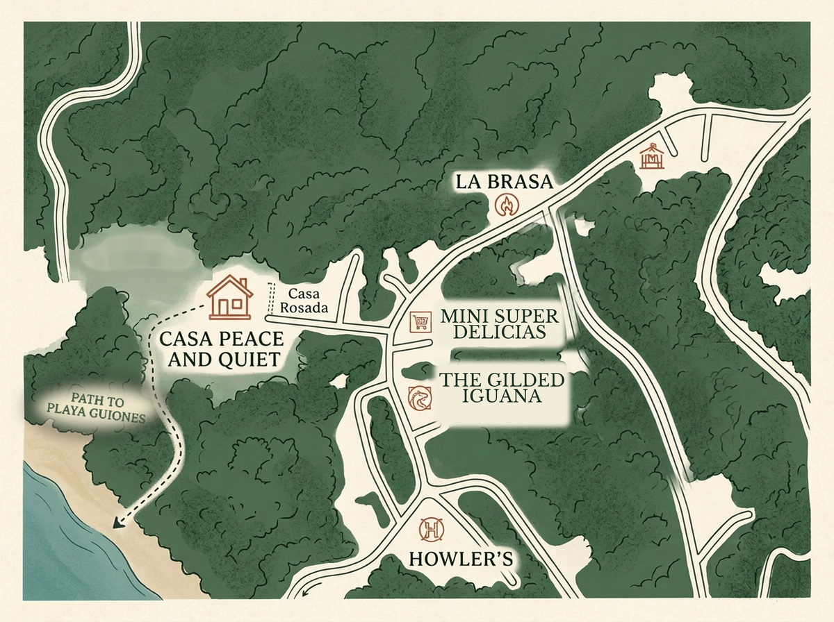 Illustrated map of Guiones, Nosara showing Casa Peace and Quiet at the end of a dead-end lane west of Casa Rosada, with the path to Playa Guiones, Mini Super Delicias, The Gilded Iguana, Howler's and La Brasa